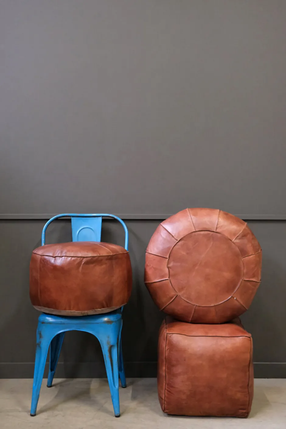 Sittpuffar & Fotpallar|Fåtöljer Vintage|Trademark Living Läderpuff 'Olivia' Rund - Brun